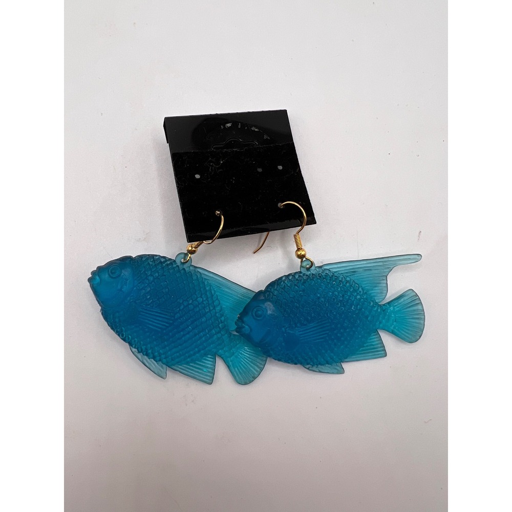 Vintage 1980s Plastic Blue Fish Dangle Earrings Neon Colorful Funky Costume